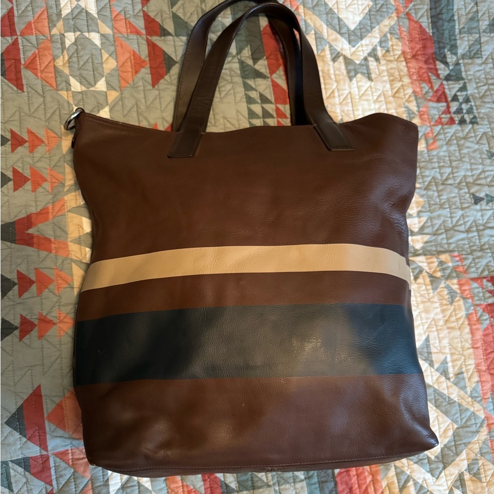 Authentic Coach leather bag dark brown with navy and beige strip No. C1276-70653